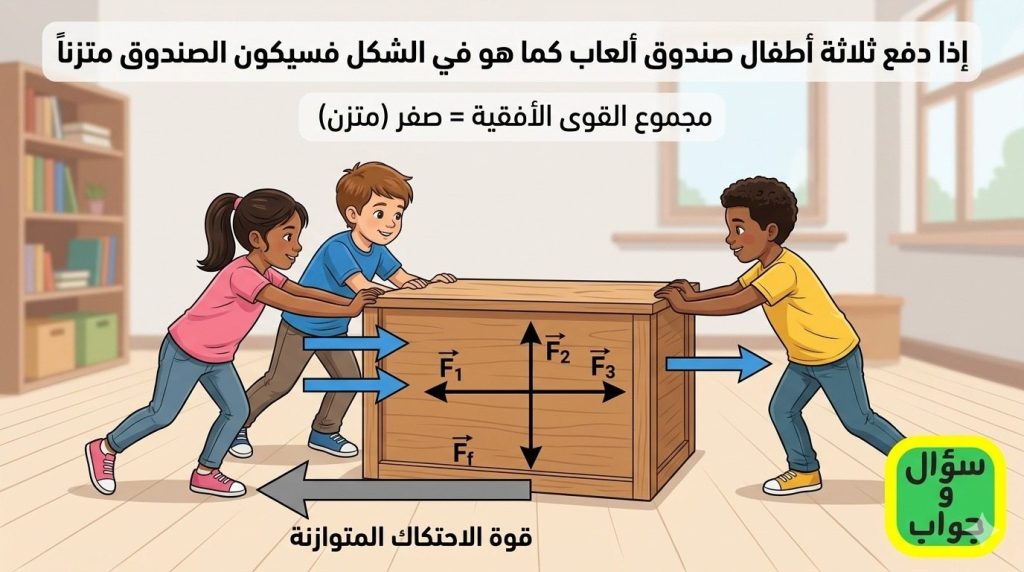 إذا دفع ثلاثة أطفال صندوق ألعاب كما هو في الشكل فسيكون الصندوق متزناً