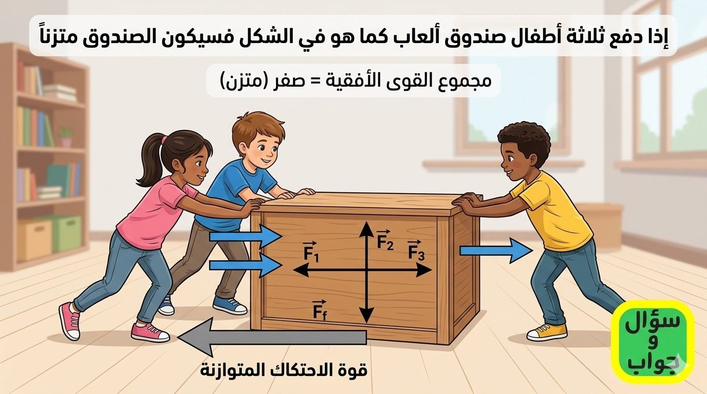 إذا دفع ثلاثة أطفال صندوق ألعاب كما هو في الشكل فسيكون الصندوق متزناً