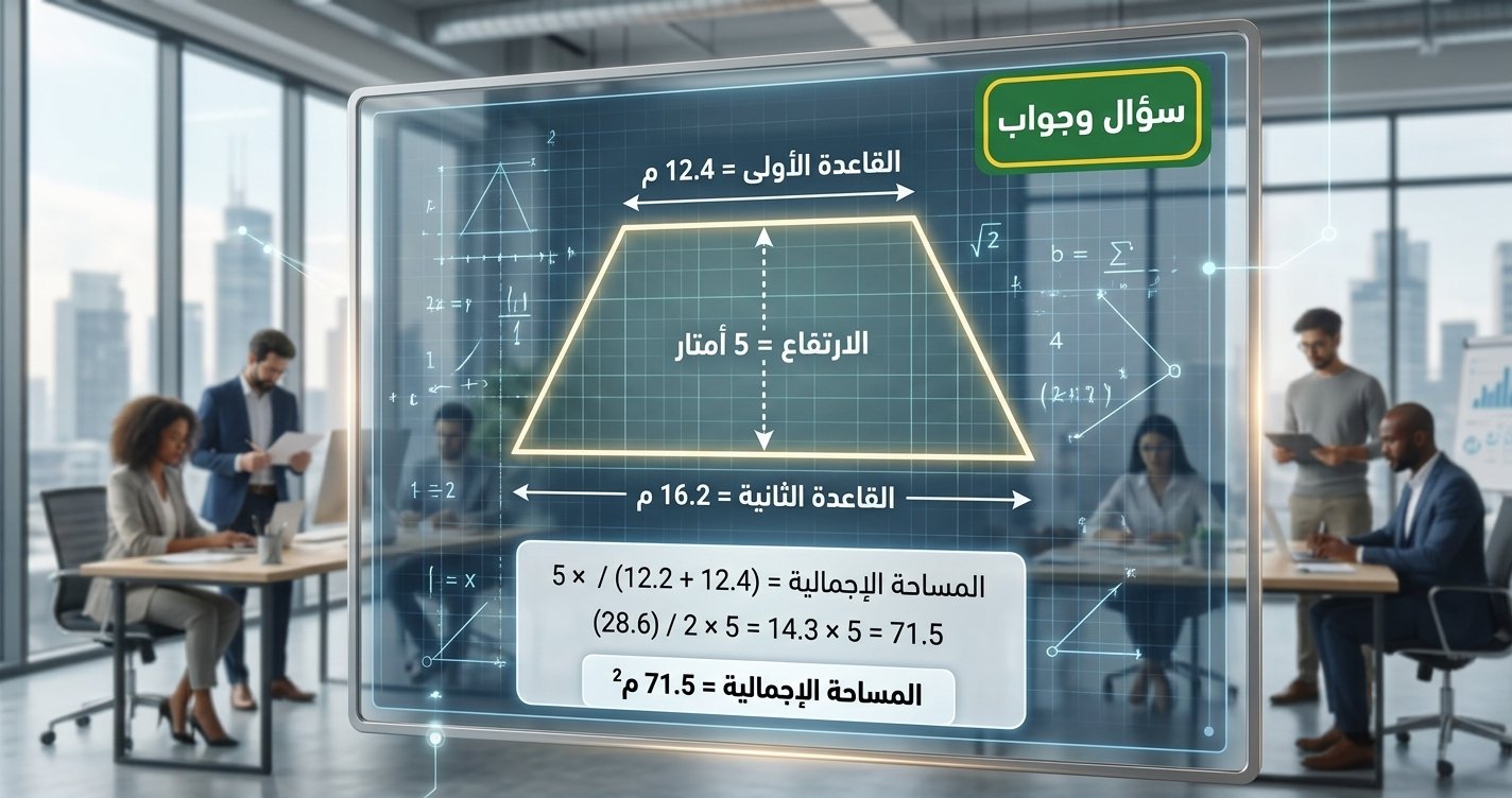 مساحة شبه المنحرف الذي طول قاعدتيه 12,4 م ، 16,2 م و ارتفاعه 5 أمتار