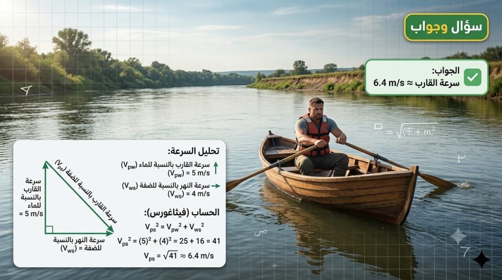 إذا جدف صياد بقارب في اتجاه عمودي على ضفة نهر يتدفق الماء فيه بسرعة 4m/sوكانت سرعة قاربه 5m/s بالنسبة للماء فما سرعة القارب بالنسبة لضفة النهر