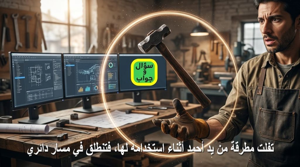 تفلت مطرقة من يد أحمد أثناء استخدامه لها، فتنطلق في مسار دائري